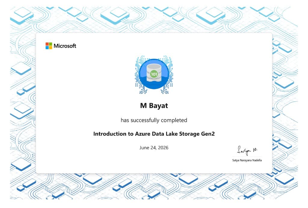 Microsoft certificate of completion for Introduction to Azure Data Lake Storage Gen2, awarded to M Bayat